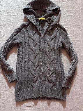 St. John Gray Cable Knit Hooded Zip Cardigan Ribbon Sz S